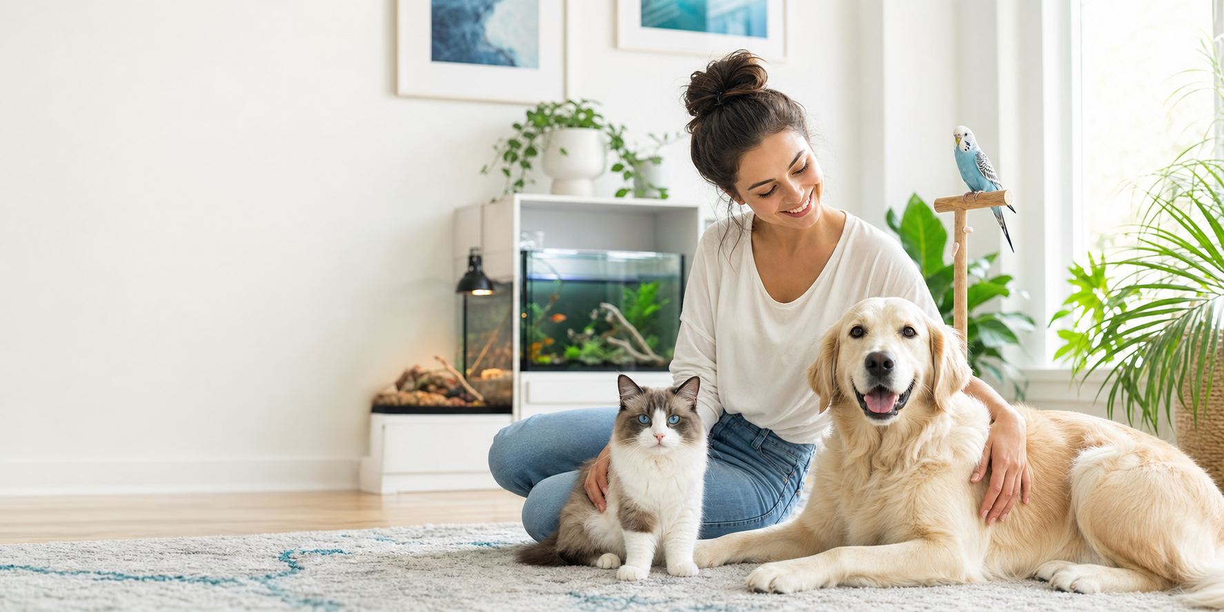 Pet parent relaxing at home with a dog, cat, bird, aquarium, and premium pet essentials